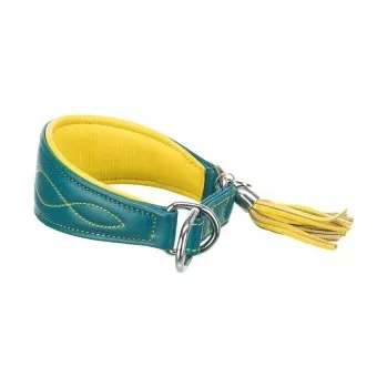 Obojek pro psa Kožený obojek ACTIVE Comfort pro chrty - petrolejová/žlutá 21-26cm × 40mm