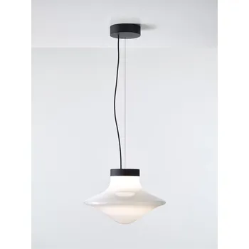 Brokis Designové závěsné svítdlo Trottola L, PC1322 Povrch Montury: stříbrný elox (CCS1917), Barva skla: opalín (CGC38), Povrchová úprava baldachýnu: kov - černý matovaný komaxit se strukturou (CCSC2674)