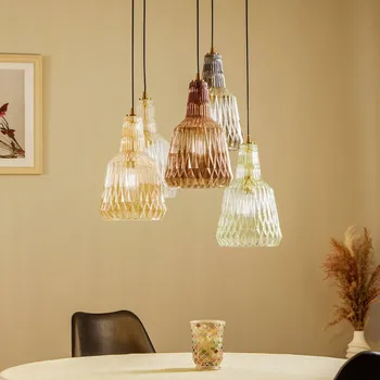 Svítidlo Závěsné svítidlo Lindby Belarion, vícebarevné, 5 světel, Ø 65 cm - Stříška - Ø 16 cm, výška 4 cm; stínítka - Ø 23 cm, výška 35 cm jantarová, kouřově šedá, světle zelená, průhledná, měděná 5 x 15 W LED - Doprava zdarma