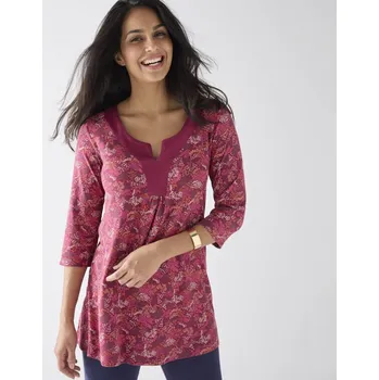 Dámské tričko Tunika s ozdobným výstřihem a 3/4 rukávy, s potiskem švestková/růžová 42/44