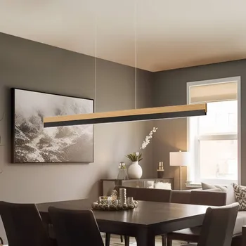 Závěsná lampa Quitani LED Keijo, černá/dub, délka 123 cm - Stropní držák - délka 49,5 cm, šířka 5,5 cm, výška 4,5 cm přírodní dub, matná černá LED 25,2 W celkem - Doprava zdarma