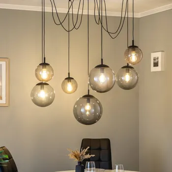 TK Lighting Závěsné svítidlo Esme, sklo, grafitově průhledné, 7 světel, - Stínidla - Ø 30 cm, Ø 25 cm, Ø 18 cm; Ø stříšky 19,5 cm grafitově šedá průhledná, černá 7 x 15 W LED - Doprava zdarma