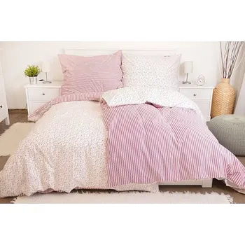 Povlečení PRODLOUŽENÉ OBOUSTRANNÉ BAVLNĚNÉ POVLEČENÍ 70x90/140x220cm - KVÍTKY A PRUHY DUO - ČERVENÉ