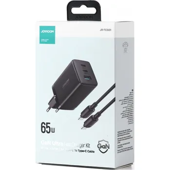 JOYROOM TCG01 65W Type-C*2+USB GaN Ultra Fast Charger with 1.2M Dual Type-C 100W Cable EU Plug Black CCC/CE/FCC/RoHS Certified
