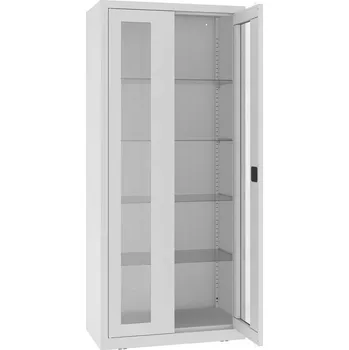Kovová skříň s prosklenými dveřmi, kovové police, dvoukřídlé dveře, š x h x v: 800x435x1800 mm, barva šedá RAL7035