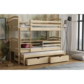 Dětská postel Dětská patrová postel z masivu borovice EMA s přistýlkou a šuplíky - 200x90 cm - PŘÍRODNÍ BOROVICE