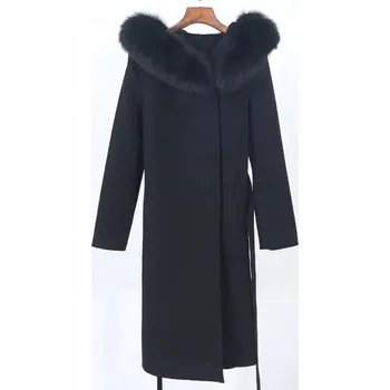 Dámský kabát Luxusní vlněný a kašmírový kabát s pravou kožešinou Barva: Černá, Velikost: L