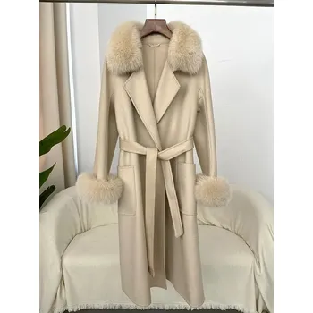 Dámský kabát Luxusní vlněný dámský kabát s kožíškem z lišky Barva: Béžová, Velikost: M