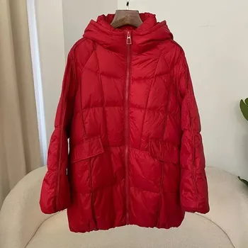 Dámská parka Péřová oversize bunda s prošíváním a kapucí Barva: Červená, Velikost: M