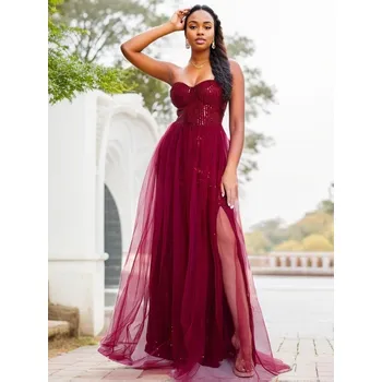 Dámské šaty Večerní áčkové šaty s tylem a odhaleným topem Barva: Bordová, Velikost: S