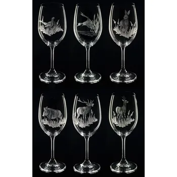 Sklenice skleničky na víno 6ks Lara 350ml s rytinou myslivosti - ručně ryté (broušené), dárek pro myslivce
