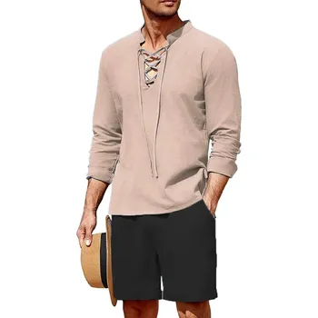 Pánská košile Pánská košile Henley s vázáním u výstřihu Velikost: 3XL, Barva (Varianta): khaki Černá