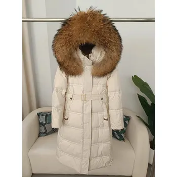 Dámská parka Luxusní dlouhá bunda péřovka s pravým kožichem Velikost: M, Barva (Varianta): Beige raccoon