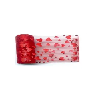 Svatební dekorace Lesklá organza obšitá barva ČERVENÁ/ČERVENÉ SRDCE, 12cm x 9,1 m, 1ks