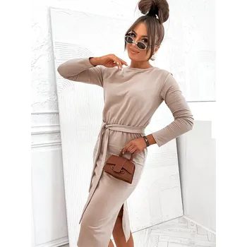 Dámské šaty Béžové dámské midi šaty s páskem (773) odstíny béžové S (36)