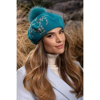 Čepice Krumlovanka Azurový baret s bambulí 100% vlna Woolmark W-0826/733
