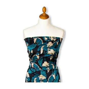 Metráž - Saten TISK ČER/TYRK/BÉŽ KVĚT TE32755013 - látka na šaty - Vzorovaná, 145 cm