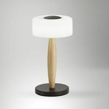 Lampička Fabas 3761-30-101 Elea, dotyková stolní lampa černá/dřevo/bílé sklo, 8W LED 3000K, výška 29cm