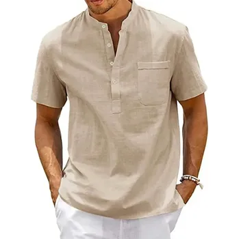 Pánská košile Lněná pánská košile s kapsou a knoflíky Barva: Khaki, Velikost: XL