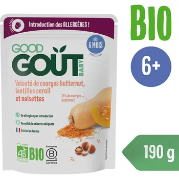 Kojenecká výživa Good Gout BIO Dýňová polévka s červenou čočkou a lískovými oříšky (190 g)