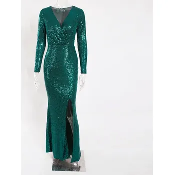Dámské šaty Večerní třpytivé šaty s rozparkem a výstřihem Barva: Zelená, Velikost: S