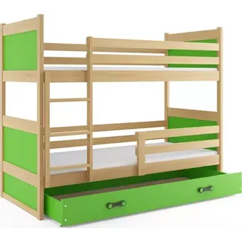 BMS GROUP Dětská patrová postel Rico - 2 osoby, 80x190 s úložným prostorem bez matrace – Borovice, Zelená, Zelená