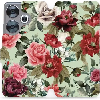 Pouzdro na mobilní telefon Flipové pouzdro Mobiwear - Xiaomi Poco F6 5G - MD06P Růže a květy na světle zelené (Knížkové flip pouzdro, obal, kryt na mobil Xiaomi Poco F6 5G - MD06P Růže a květy na světle zelené, materiál Umělá kůže + TPU - ochrana 360°, stojánek, silikonová vanička,