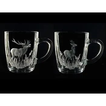 Stolování hrníček na čaj nebo kávu 2 ks s rytinou jelena a srnce - ručně ryté (broušené), dárková krabička, dárek pro myslivce