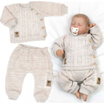 Kojenecká souprava Rostoucí pletený svetřík a kalhoty s kapsou Hand Made 2D, Nature - béžový melírek, Velikost koj. oblečení 80 (9-12m)