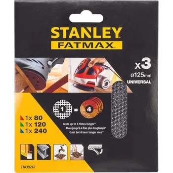 Brusný papír STANLEY STA39267-XJ Brusné mřížky pro excentrickou brusku 125mm, 1xP80, 1xP120, 1xP240 free_store_pickup