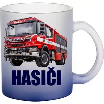 Scania modrý skleněný hrneček HASIČI (hrneček s hasičským autem matné sklo )