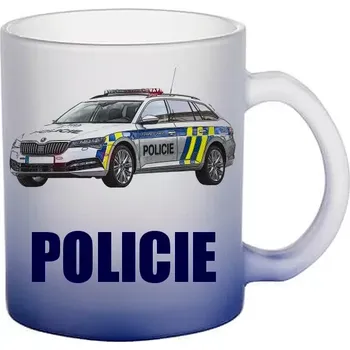 POLICIE Š.k.o.d.a. S.u.p.e.r.b. skleněný hrneček (hrneček s policejním autem matné sklo )