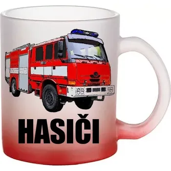 Hasičské auto skleněný hrneček HASIČI červený (hrneček s hasičským autem matné sklo )