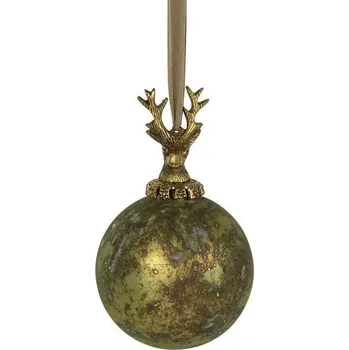 Vánoční dekorace Zlato-zelená antik skleněná vánoční koule s jelenem Deer - Ø 10* 16 cm