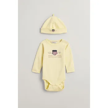 Kojenecký body DĚTSKÝ SET GANT ARCHIVE SHIELD BODY AND BEANIE VANILLA YELLOW