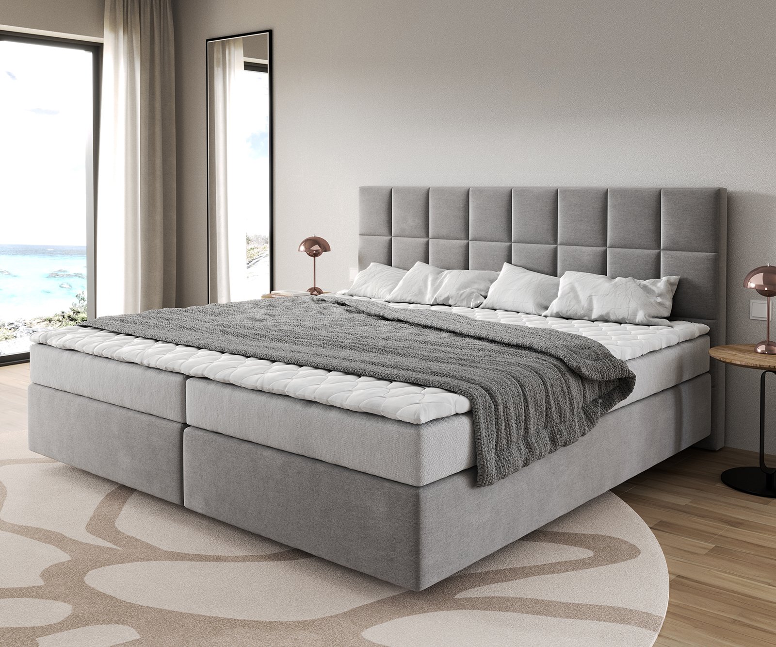 DELIFE Boxspring postel Dream-Fine mikrovlákno šedá 200x200 cm Bonell matrace PU topper