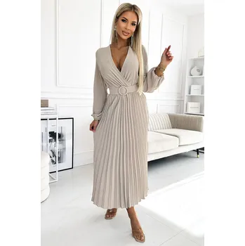 Dámské šaty Viviana - Béžové plisované midi šaty s výstřihem a páskem numoco basic, UNI i367_2178_UNI