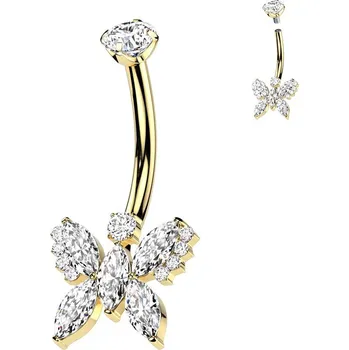Piercing Zlacený piercing do pupíku motýl - TITAN, čirá barva