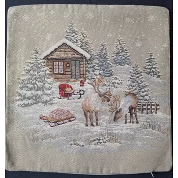 Povlak na polštářek GOBELÍNOVÝ POVLAK - VÁNOČNÍ roubenka jeleni