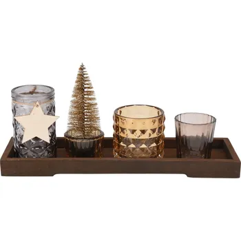 Svícen Svícen set 6ks sklo na dřevěném tácku 55x38/57x60/57x97/70x67mm, barevná