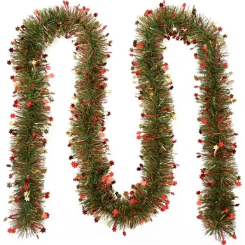 Vánoce Zlatý vánoční řetěz na stromeček s červenými hvězdičkami Virginie – 200 cm