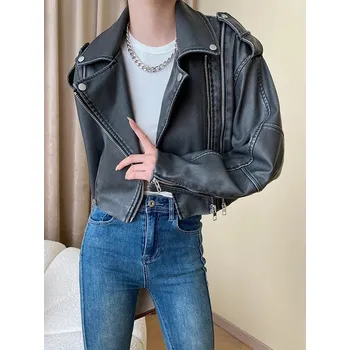 Dámský křivák Krátký kožený křivák moto bunda s opasky Barva: Tmavě Šedá, Velikost: S
