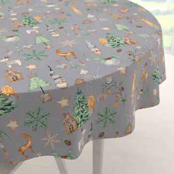 ubrus Vánoční bavlněný kulatý ubrus Sandra SA-509 Vánoční skřítci a ozdoby na šedém Ø 100 cm