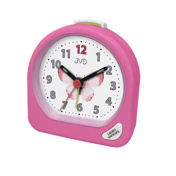 Budík JVD Dětský růžový ručkový budík JVD SR672.10 s motýlkem (dětský barevný budík)