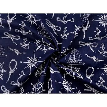 Bavlněná látka námořnický vzor METRÁŽ - 2 (1446N) modrá tmavá