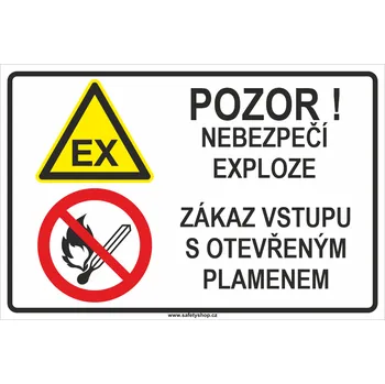 Pozor! Nebezpečí exploze - Zákaz vstupu s otevřeným plamenem ISO 7010 plast 0,5 mm 400x300 mm