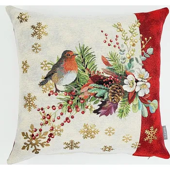 Dekorativní polštářek BYTEMA Vánoční gobelínový povlak PTÁČEK S PRUHEM červený 45 x 45 cm