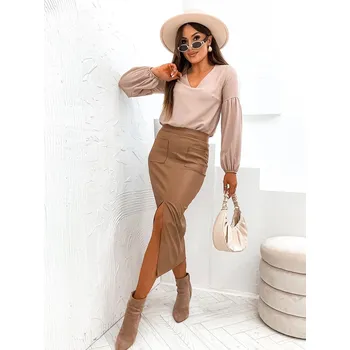 Dámská sukně Dámská tužková pouzdrová sukně ve velbloudí barvě z eko kůže (82104) odstíny béžové L (40)