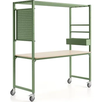 Dílenský stůl Mobilní multifunkční stůl TEAMWORK, box na příslušenství, perforovaný panel, zelená/bříza