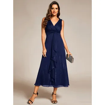 Dámské šaty Šifonové midi šaty s hlubokým výstřihem do V Barva: Tmavě Modrá, Velikost: 9XL